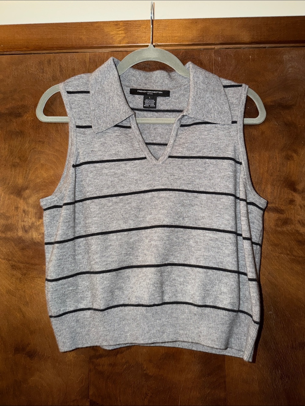 French Connection Gray Sleeveless Collared Stripe Sweater Vest